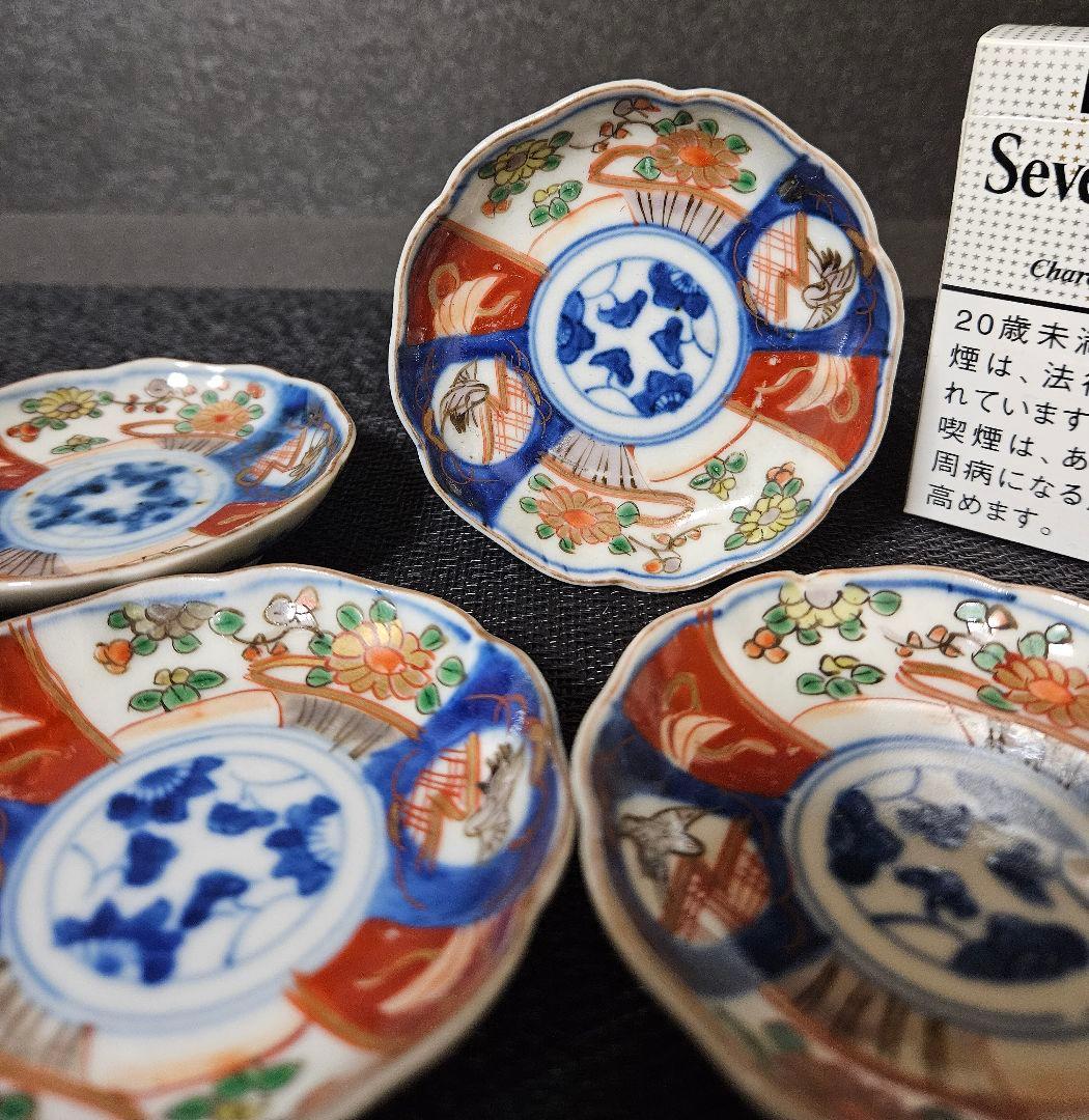 明治時代 古伊万里 錦手 草花に鶴の図 輪花小皿 豆皿 手塩皿 5客