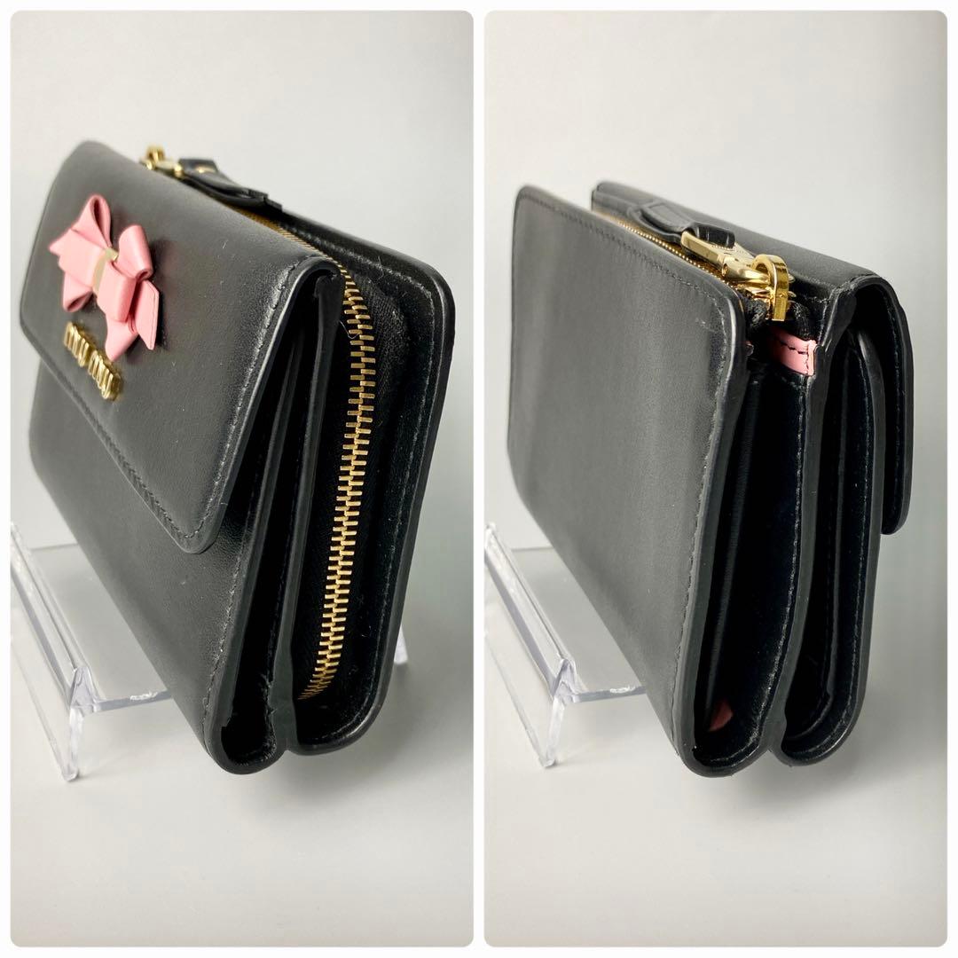 美品 miumiu ミュウミュウ 三つ折り財布 ラウンドジップ リボン ピンク