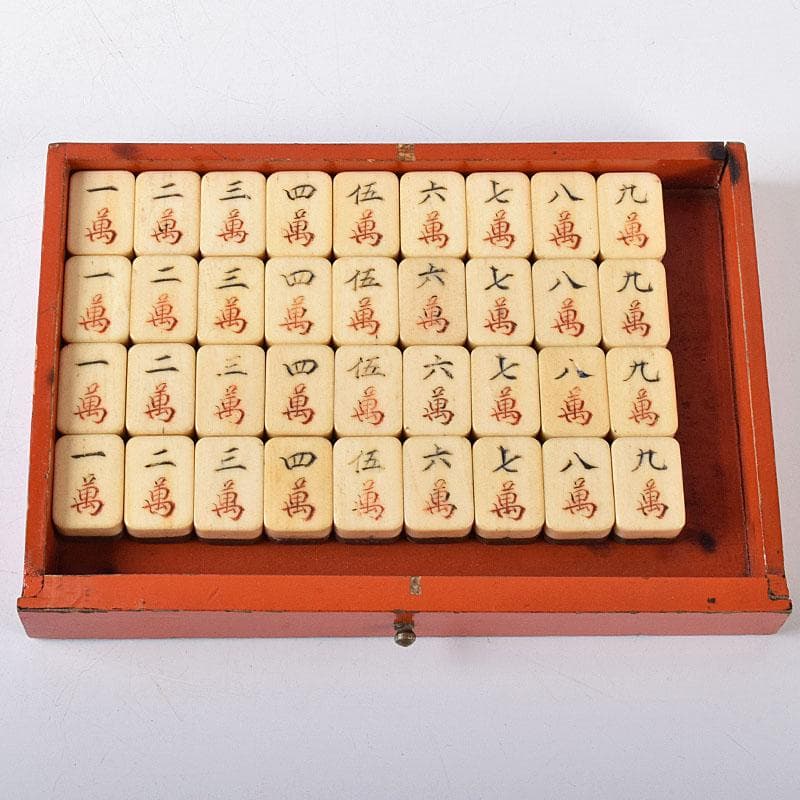 中国　竹嵌　骨牌　背竹牌　麻雀牌　花鳥文蒔絵朱塗箱付　D　8707