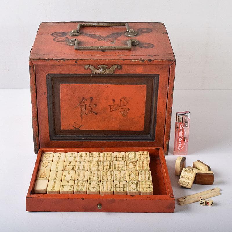 中国　竹嵌　骨牌　背竹牌　麻雀牌　花鳥文蒔絵朱塗箱付　D　8707