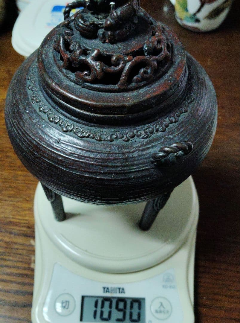 骨董　銅製香炉　三脚　木製香炉台 付き