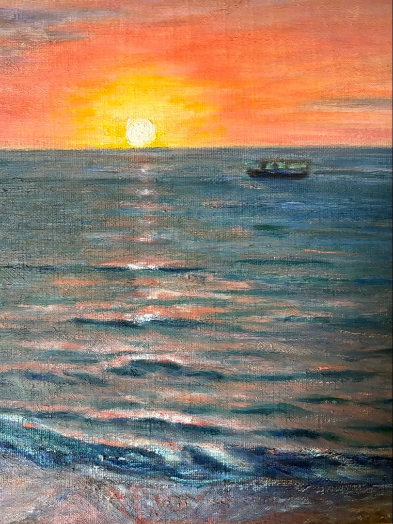 油彩原画 夕日の海・ハワイ M8号 額装品