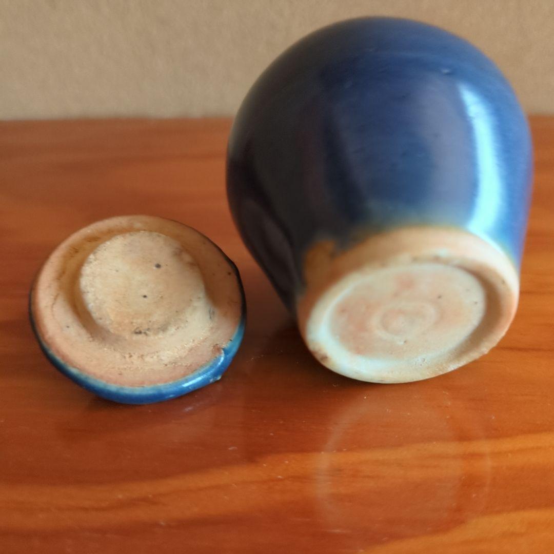 濃紺 陶器 壺 木箱付き 明代景徳鎮 瑠璃 蓋付壺 小壷