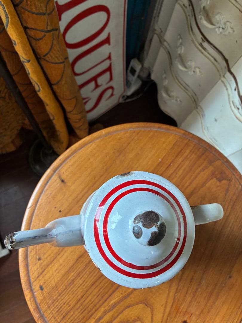 フランス アンティーク ホーロー ポット 赤白 ダブルビギン 二段式 100