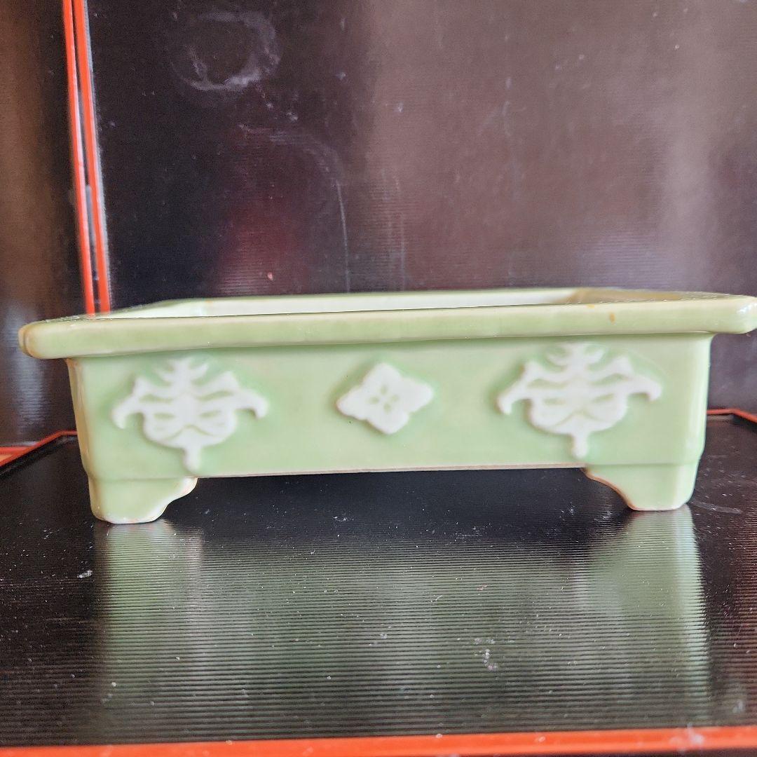 古い青磁水盤花器盆栽 信楽焼 水盤 花器 10号 青 ガラス 長角 曲げ 陶器 池坊 嵯峨御流