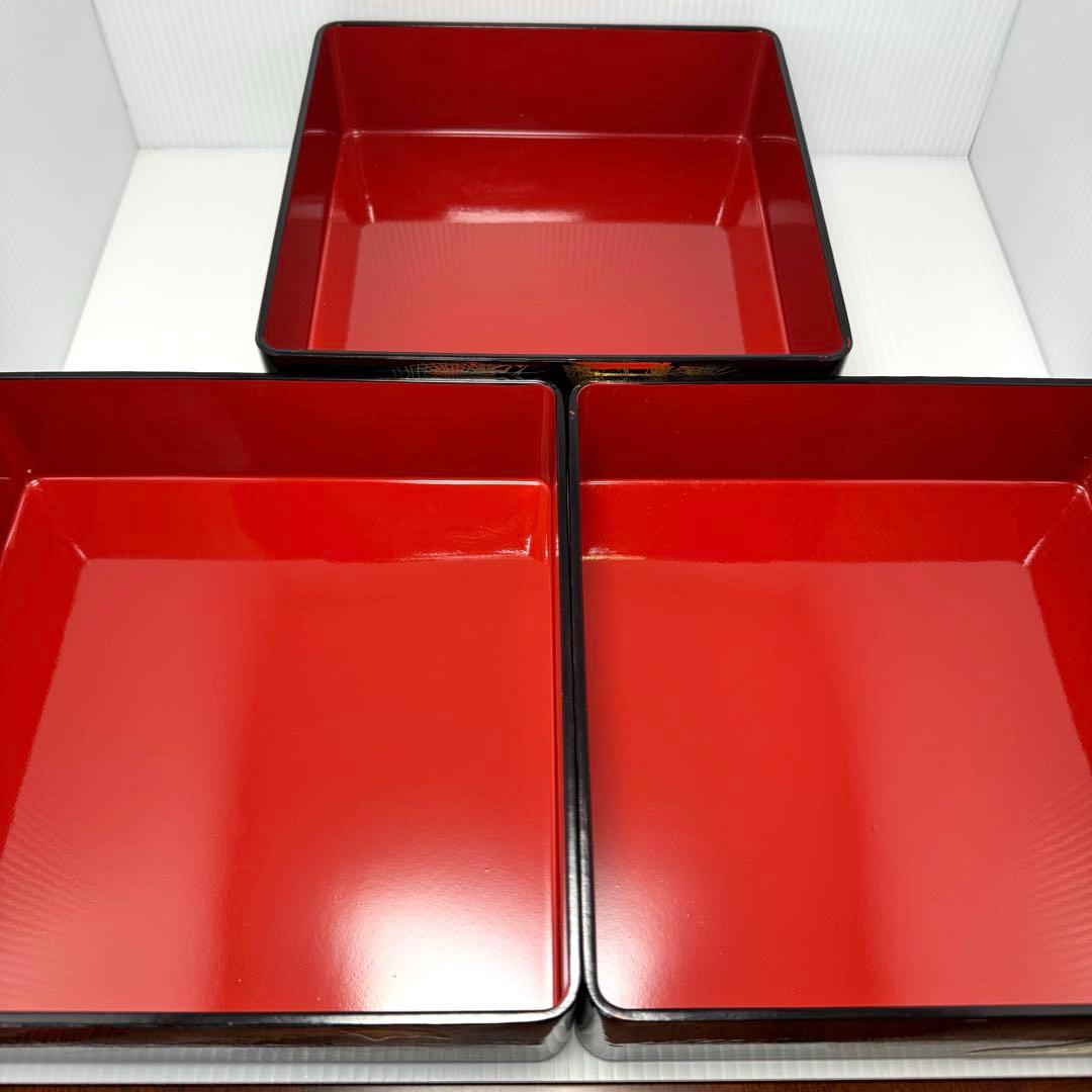 会津塗 三段重 松峯作 天然木 黒内朱 沈金 蒔絵 重箱 漆器 伝統工芸