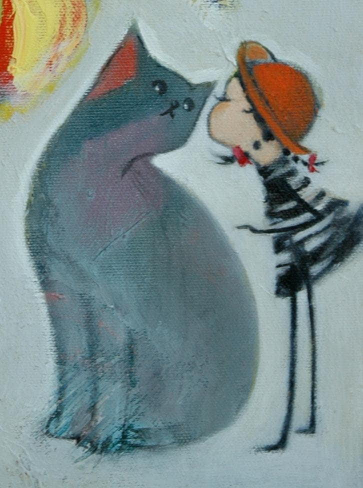 油絵 菅家令子 絵 絵画インテリア額付(白) uF6-050320 子猫と女の子