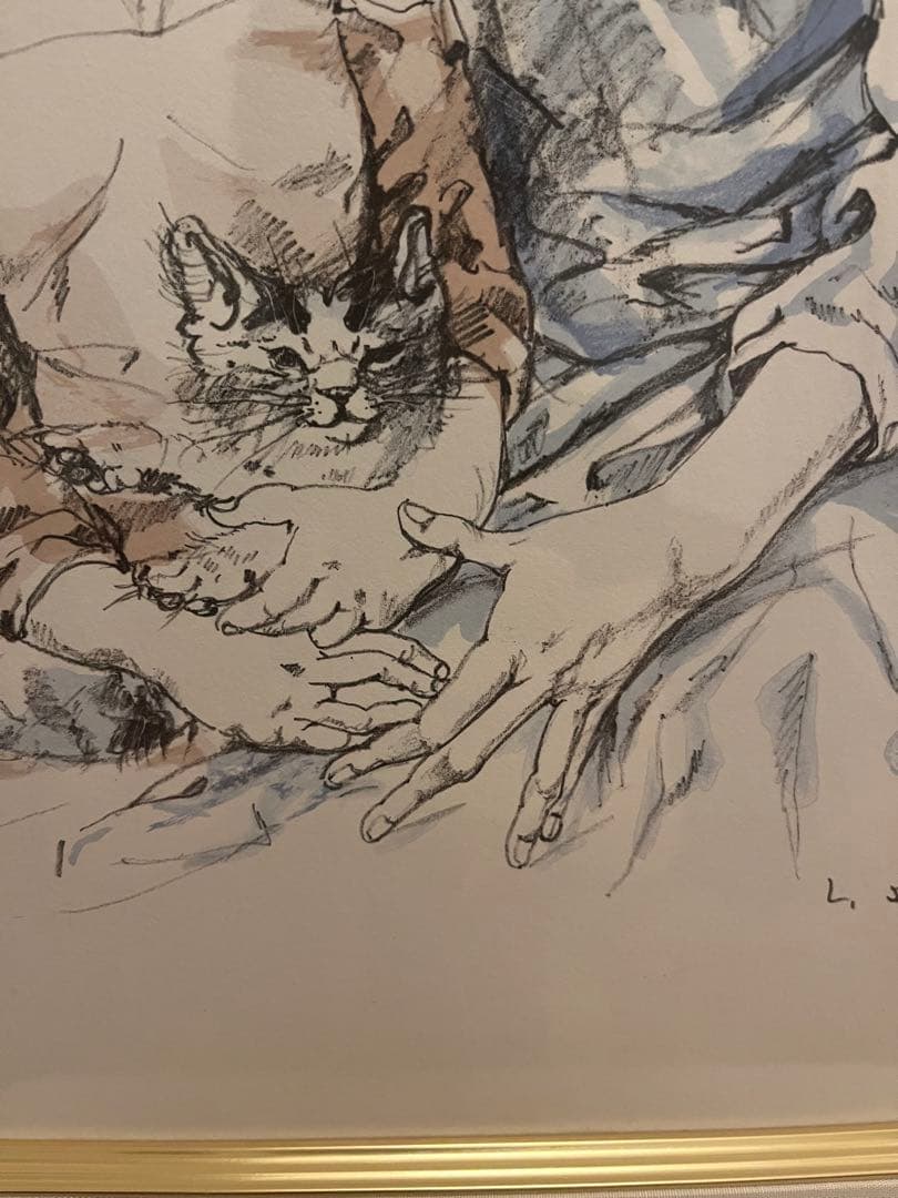 藤田嗣治 レオナール・フジタ 母子像 女性と子供 猫を抱く母子像 額装