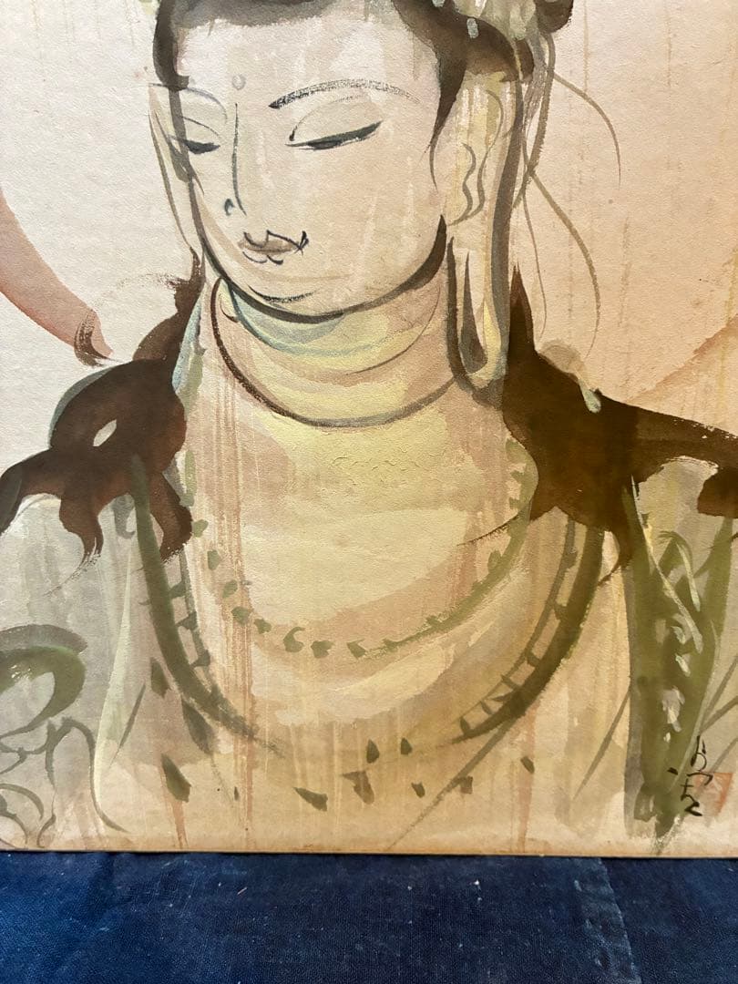 水彩画　色紙　額入り　葛西四雄　青森県　観音様　観音像