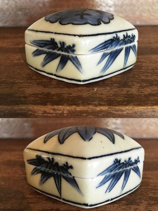 香合 菱形 笹りんどう 染付 銘あり 共箱付 古物 19.01.12-1