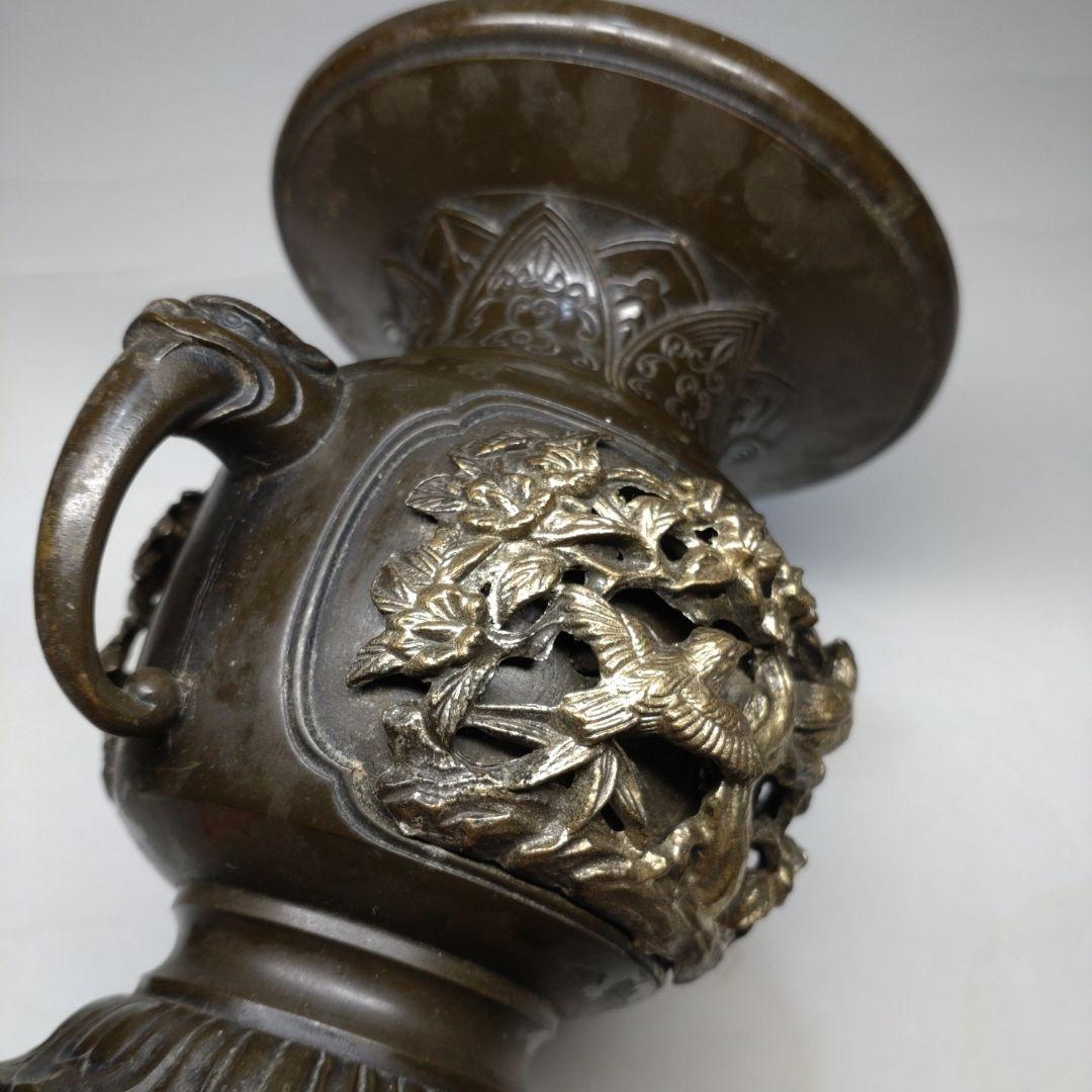 銅製 花鳥図 五具足 在銘／獅子香炉 燭台 花立 法具 仏教 仏壇 彫金