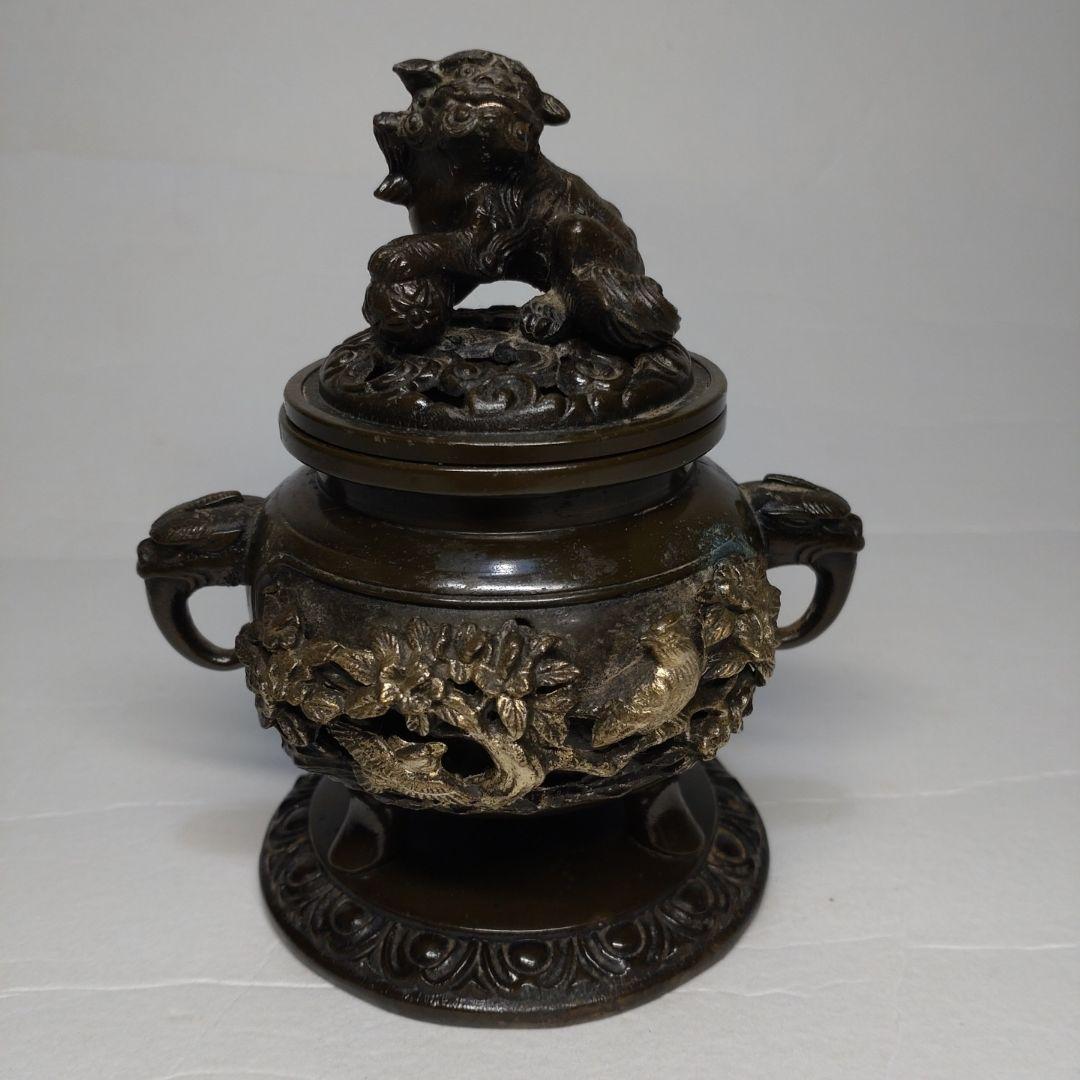 銅製 花鳥図 五具足 在銘／獅子香炉 燭台 花立 法具 仏教 仏壇 彫金