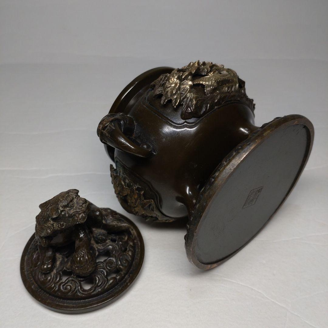 銅製 花鳥図 五具足 在銘／獅子香炉 燭台 花立 法具 仏教 仏壇 彫金 獣耳
