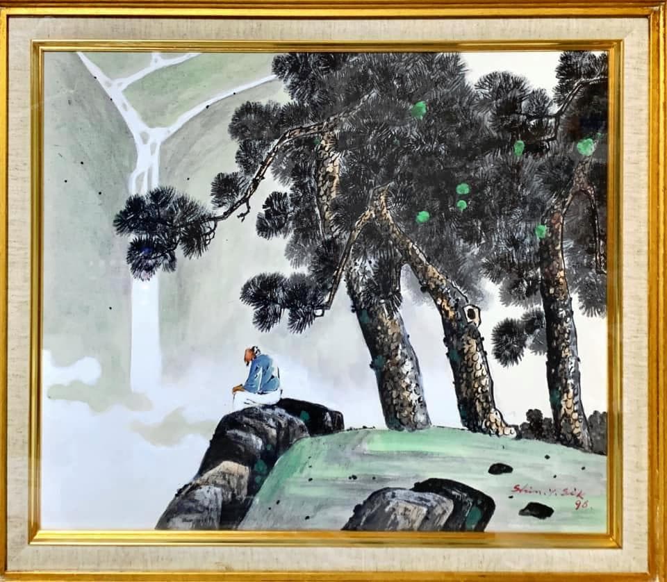 絵画 油絵（キャンバス） 「滝見の老人」 韓国人画家・申 英植 F10号