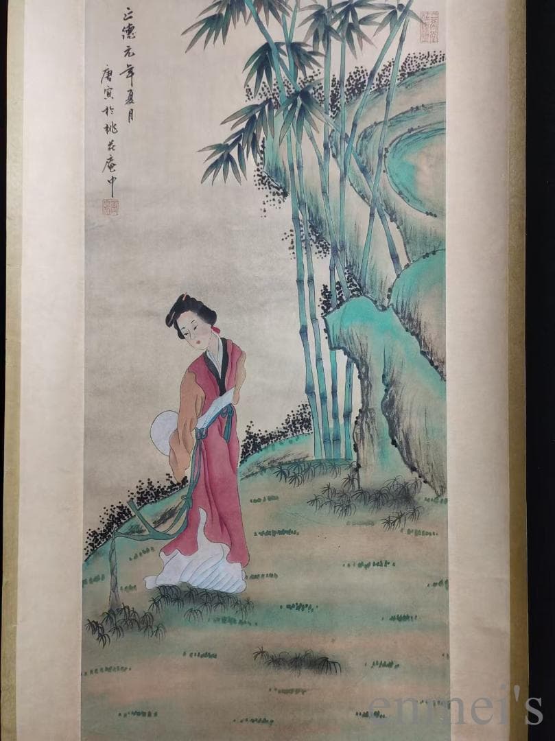 中国古美術.唐寅款.侍女図.宣紙画.三尺手描き.肉筆.絵画.書道.巻き物