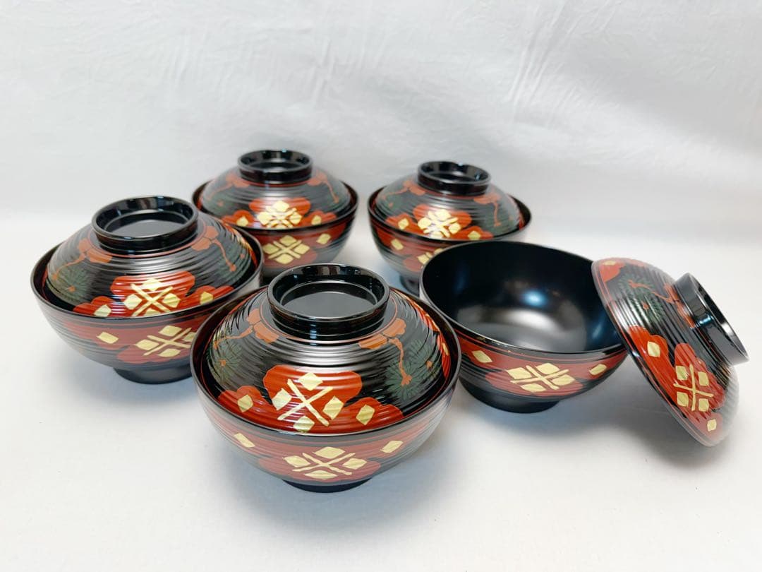 未使用 懐石道具 正法寺蒔絵 煮物椀 5客揃 内黒 和食器 汁椀 和食器 共箱