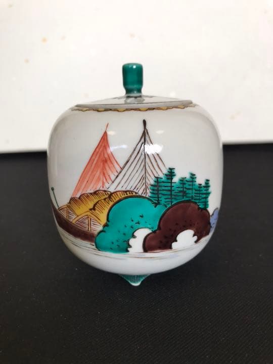 九谷の名工 三ツ井為吉作 色絵 十網図 香炉 K84 共箱