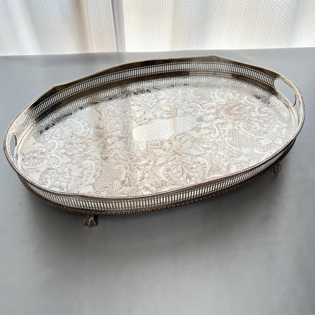 英国】 ギャラリートレー オーバル型 45cm 装飾フット 大型