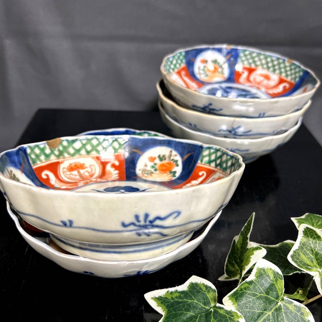 骨董品 古伊万里 金継ぎ鉢 窓絵金彩色絵染付 輪花鉢 台付丸鉢 当時物