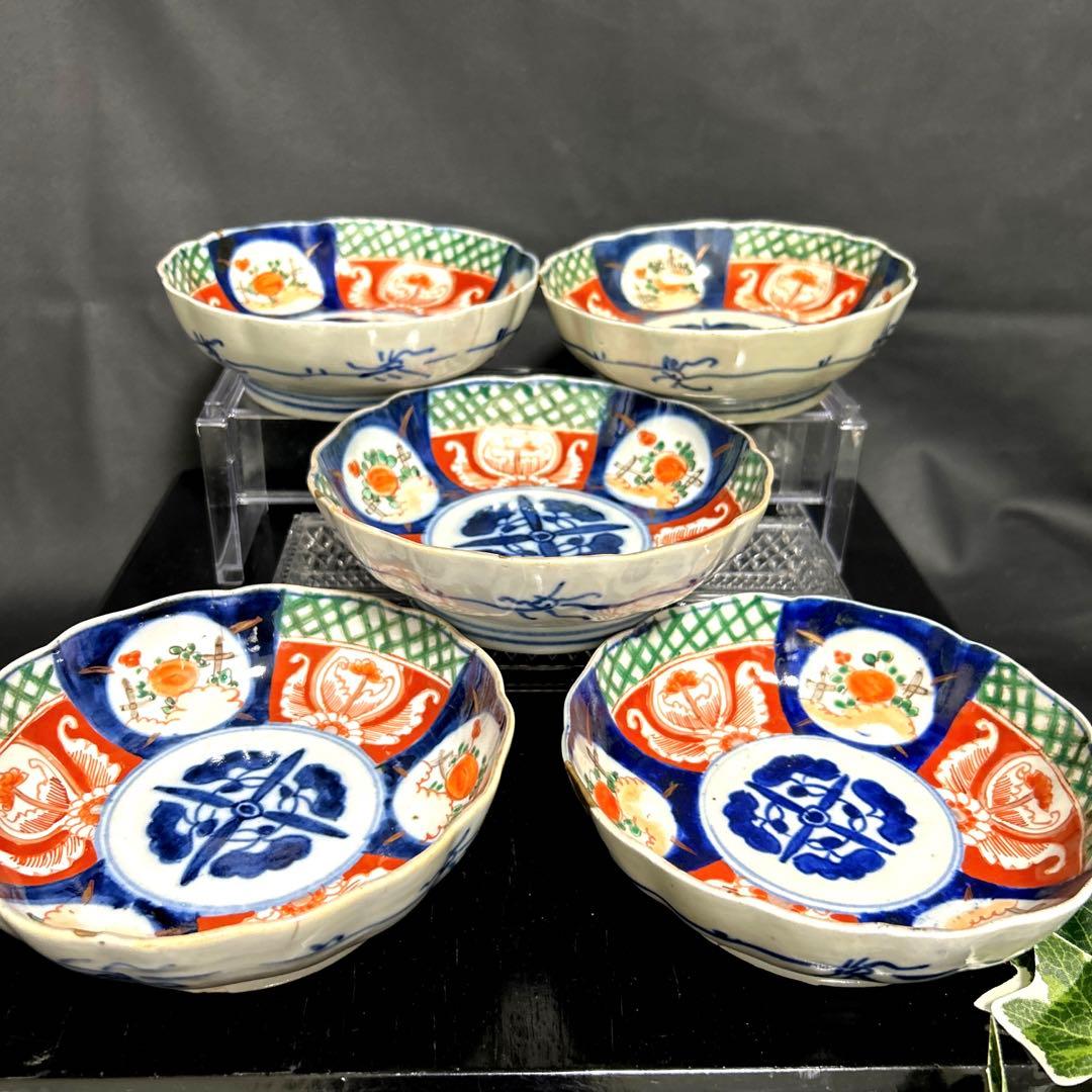 骨董品 古伊万里 金継ぎ鉢 窓絵金彩色絵染付 輪花鉢 台付丸鉢 当時物