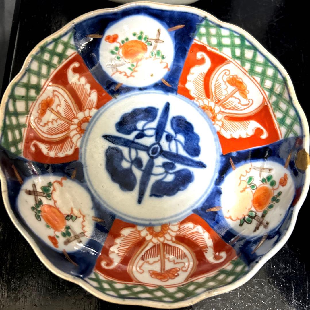 骨董品 古伊万里 金継ぎ鉢 窓絵金彩色絵染付 輪花鉢 台付丸鉢 当時物