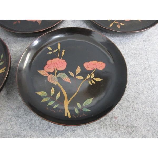 会津塗黒塗蒔絵牡丹文銘々皿10枚 [B26981]