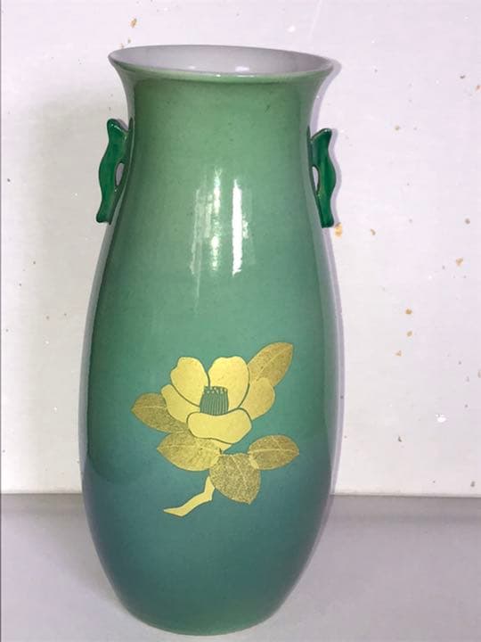 吉田美統 【釉裏金彩 耳付き 花瓶 椿文】約25cm 共箱 共布 陶歴付き Y9