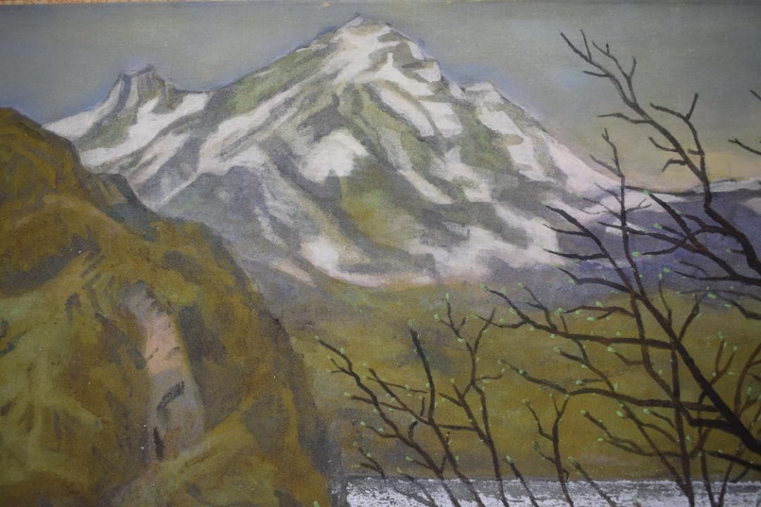 英靖/早春図/山湖図/春景風景図/岩絵具/横物/掛軸☆宝船☆Z-344