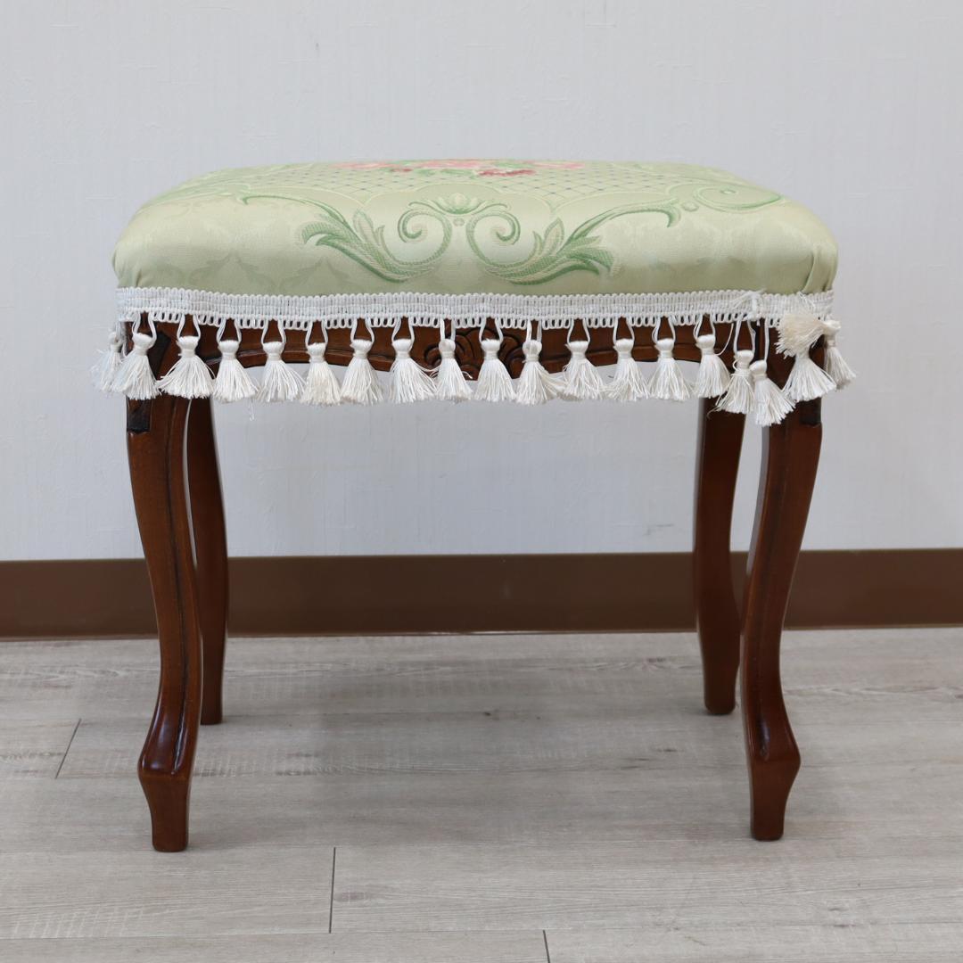 スツール 猫脚 ファブリック ライトグリーン タッセル付き オットマン 補助椅子