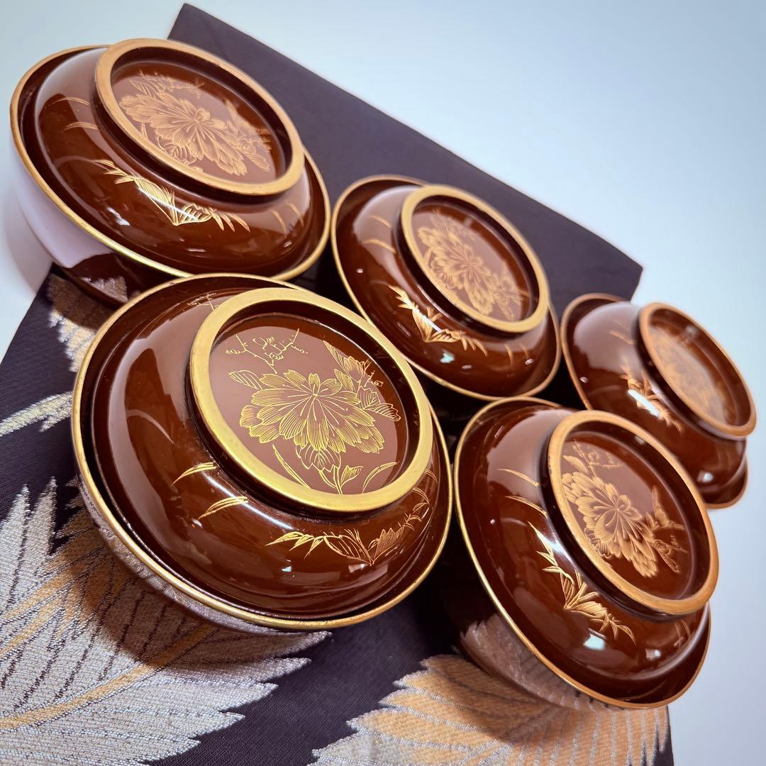 漆器　輪島塗　沈金　金蒔絵　木製　茶懐石膳　椀5客　骨董