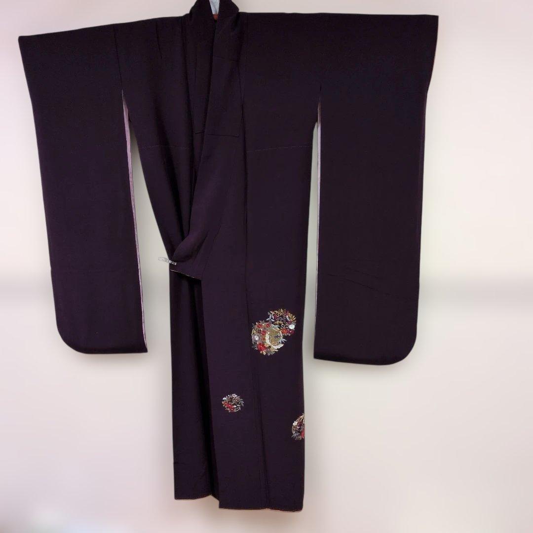 KH07.成人正絹無地系濃い紫色振袖 金糸刺繍入り 約160cm - メルカリ