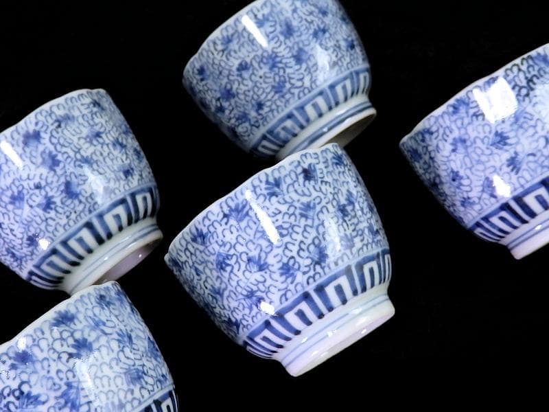 古伊万里　染付　微塵唐草　萩唐草の図　猪口　向付　５客　B015AS-CSj