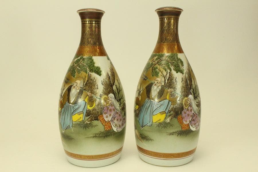 九谷 赤絵金彩 人物紋 徳利 瓶 一対 明治期(ZE587)