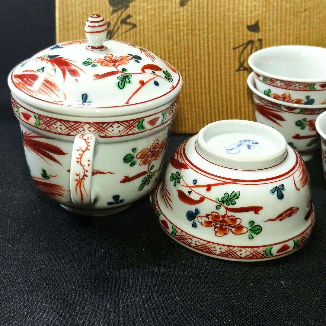 煎茶道具 小茶器 九谷焼 手描き赤絵花鳥文 作家物 二重蓋急須 共箱 中国