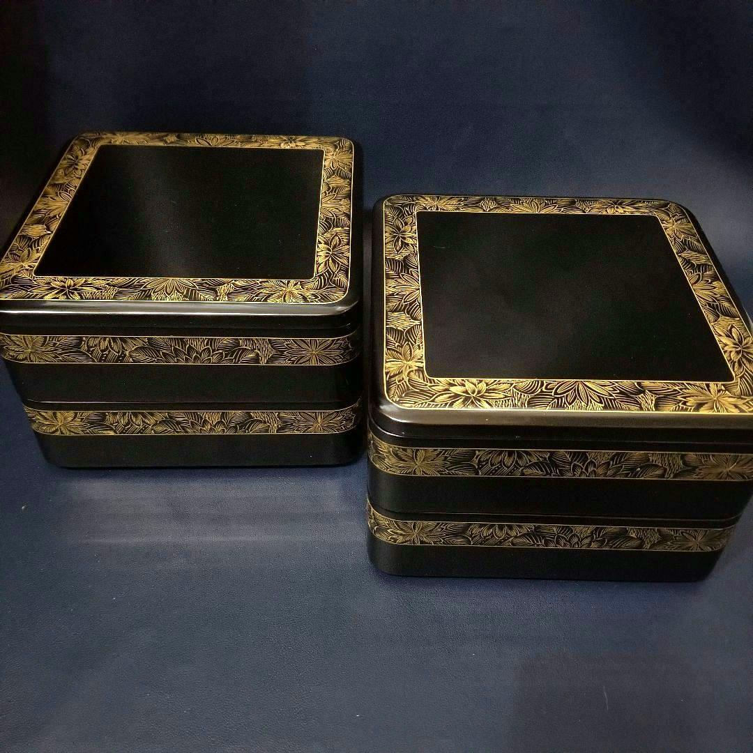 美品 輪島塗 布着本堅地 四段重 黒漆 極上菊花 沈金 蒔絵 重箱