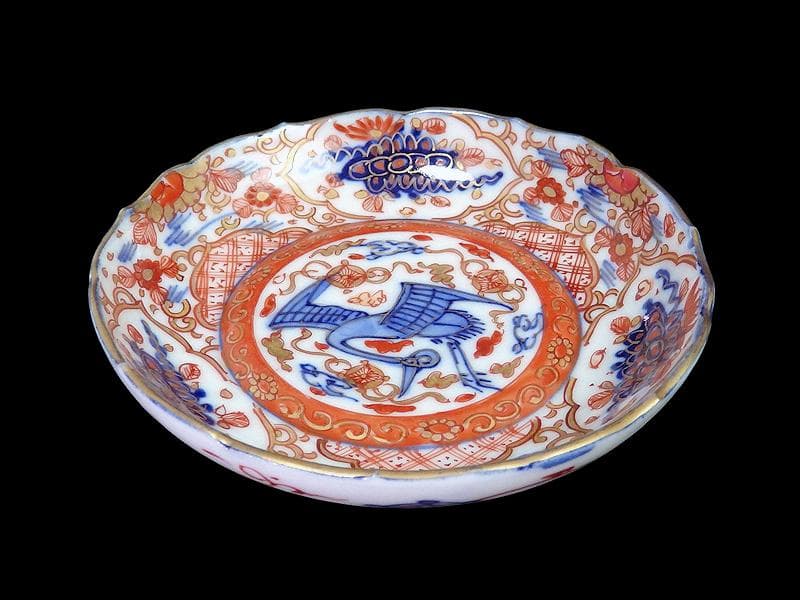 古伊万里　金襴手　鶴に七宝紋の図　4寸皿　5枚　D048AS-DAr