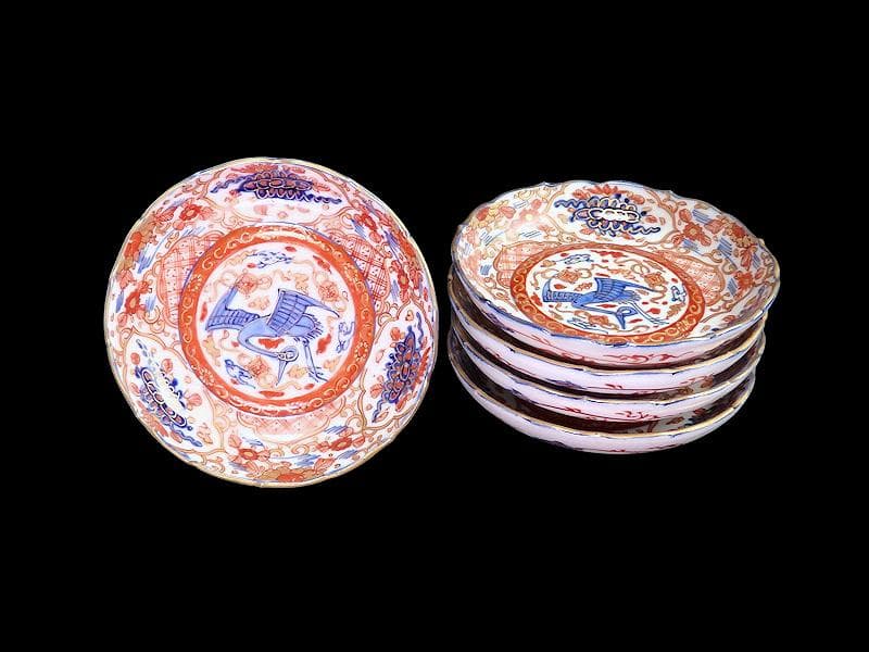 古伊万里　金襴手　鶴に七宝紋の図　4寸皿　5枚　D048AS-DAr