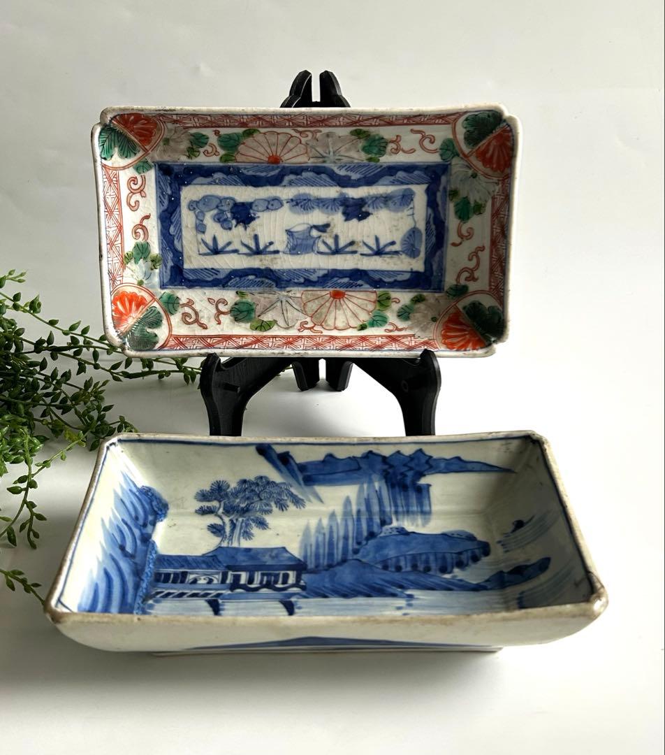 古伊万里　風景 色絵　染錦　角皿 2枚セット