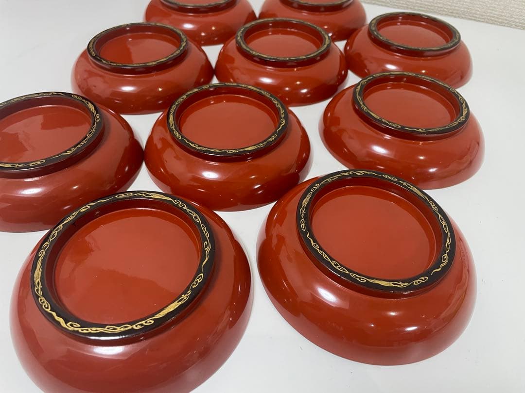 漆器 朱色 椀 10客 金縁 黒縁 輪島塗 吸物椀 蓋付 無地 金彩模様