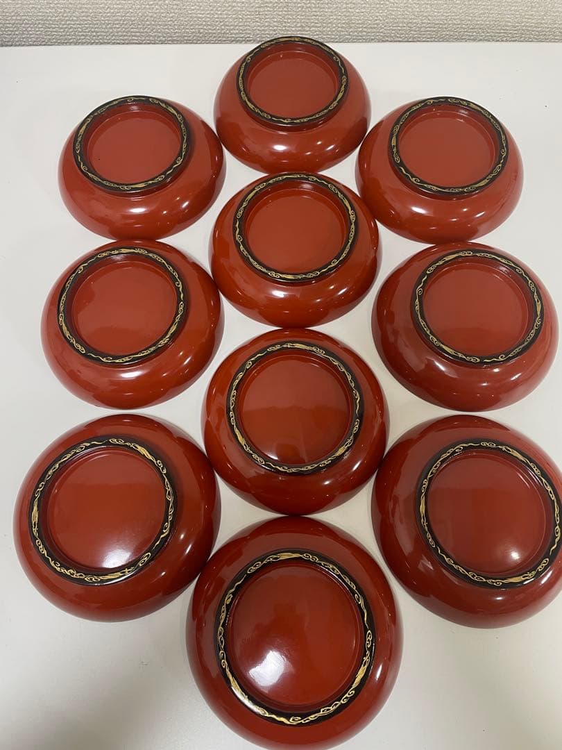 漆器 朱色 椀 10客 金縁 黒縁 輪島塗 吸物椀 蓋付 無地 金彩模様