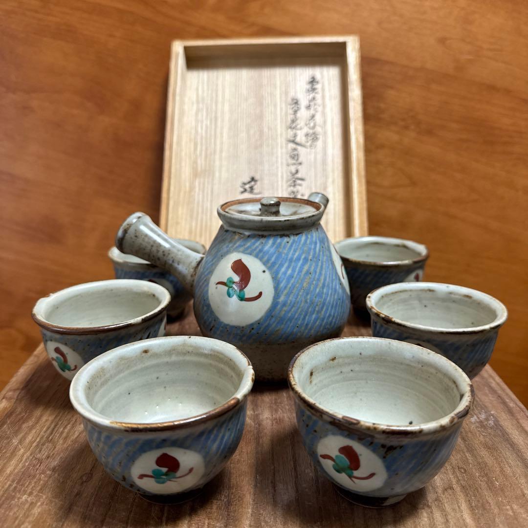 人間国宝島岡達三 作 益子焼 色絵草花文 徳利・ぐい呑6客セット 共箱栞