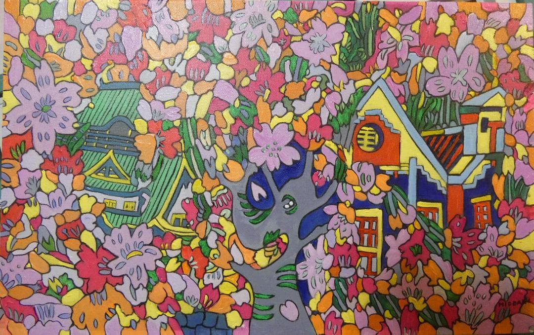 油彩 ジミー大西 「花吹雪」サイン M10 額装済み 肉筆手描き