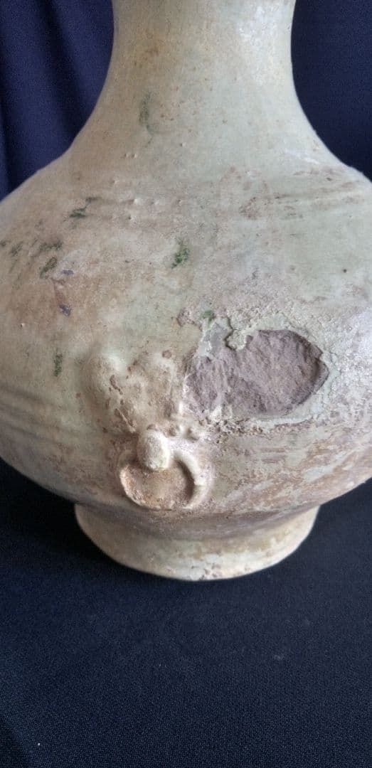 中国古陶器製瓶型 、緑釉双耳、緑釉銀化 高さ約20cm