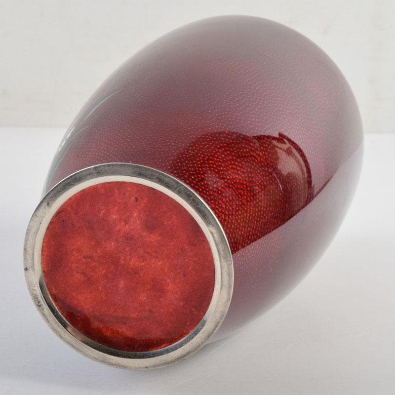 七宝焼 赤透釉 四君子文 花瓶 唐木台付 共箱 V 9132