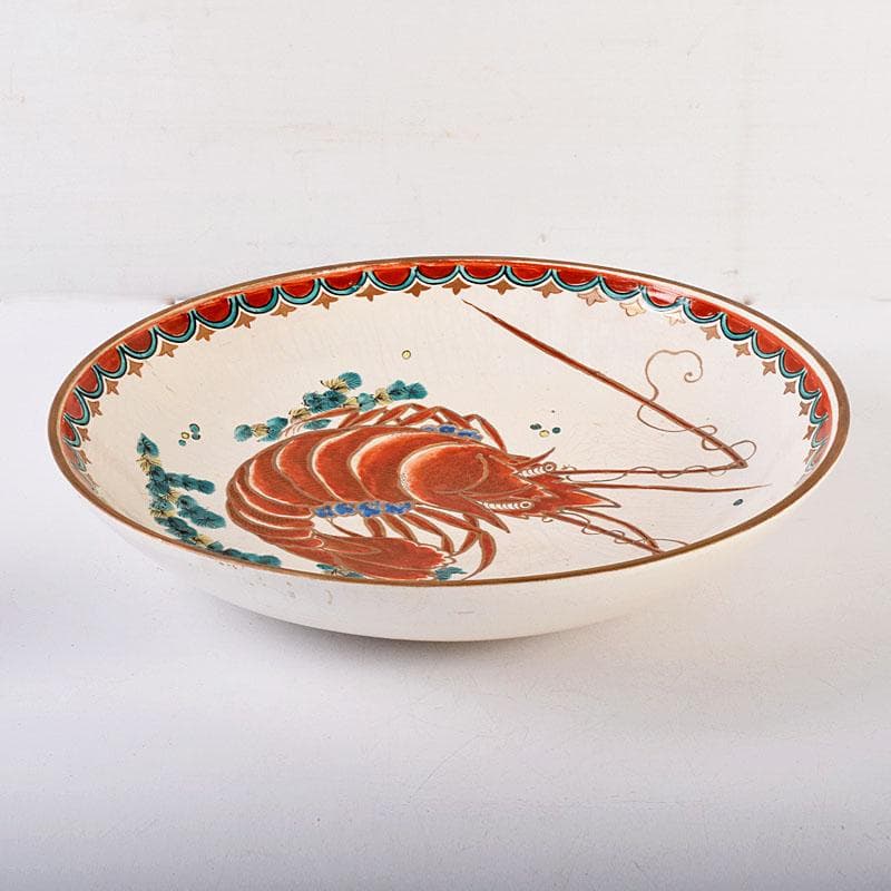 九谷焼　古九谷　色絵　海老文　大皿　飾皿　直径約36㎝　時代箱付　VR8142C