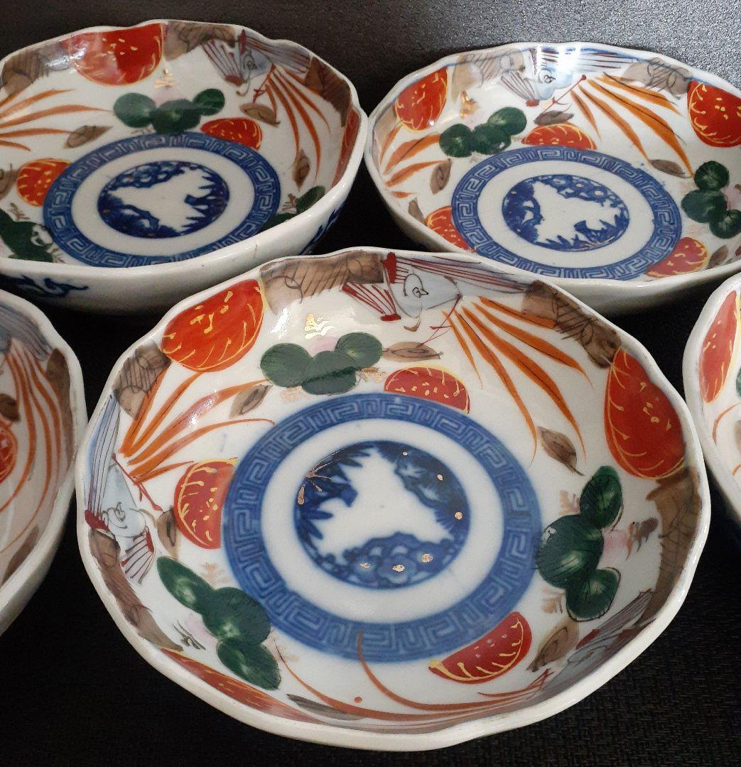 明治時代 古伊万里 金彩赤絵 三鶴図 輪花 大振り なます皿 膾皿 深皿 5