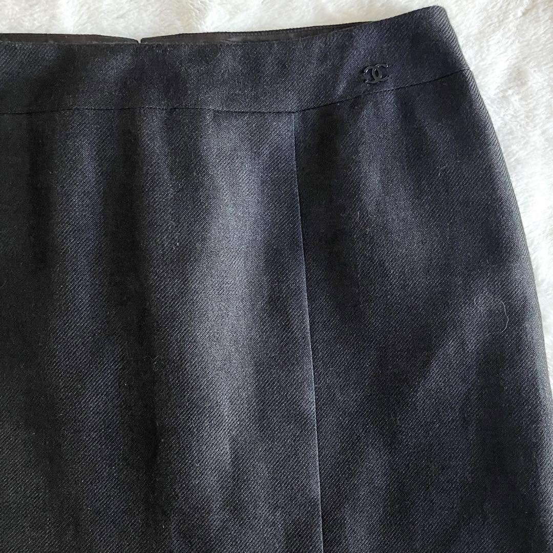シャネル 05C リネンカシミヤ ココマーク膝丈スカート 38 チャコールグレー