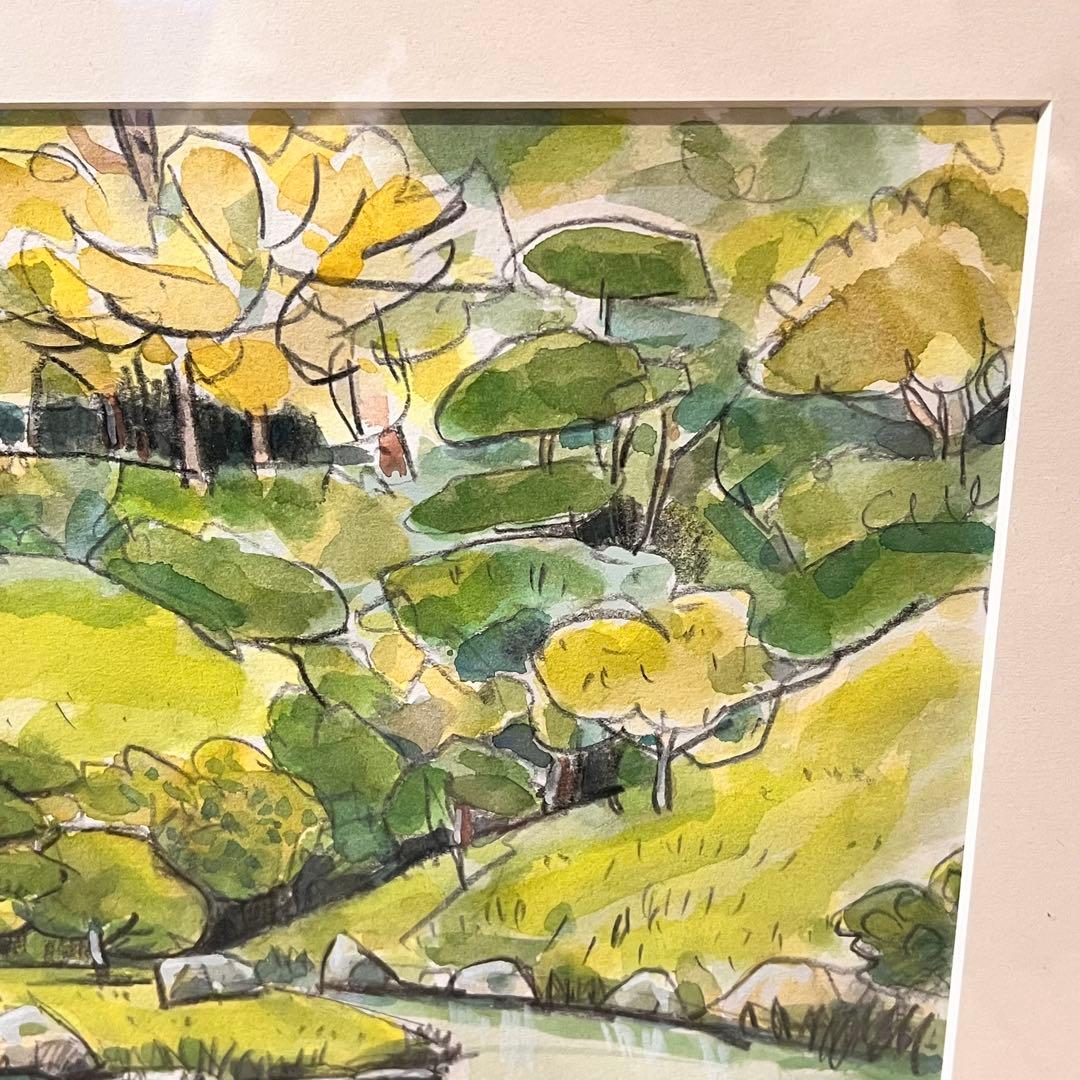 透明水彩画 日本庭園 MARUO 額縁入り 緑 園庭 インテリア 希少 油彩