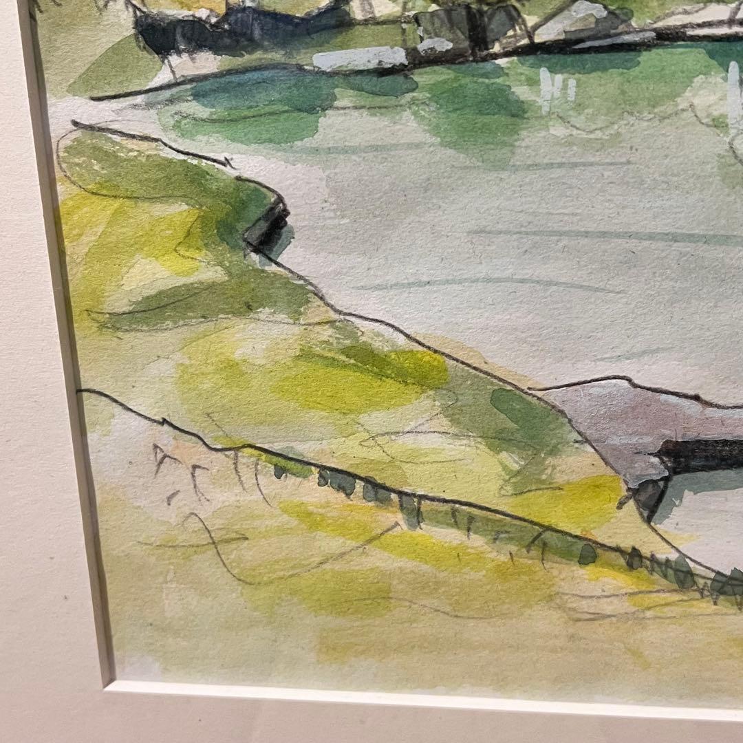 透明水彩画 日本庭園 MARUO 額縁入り 緑 園庭 インテリア 希少