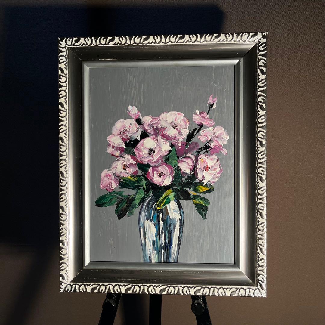 手書き油絵 花瓶の花 額付 肉筆絵画 インテリア 油彩画 - メルカリ